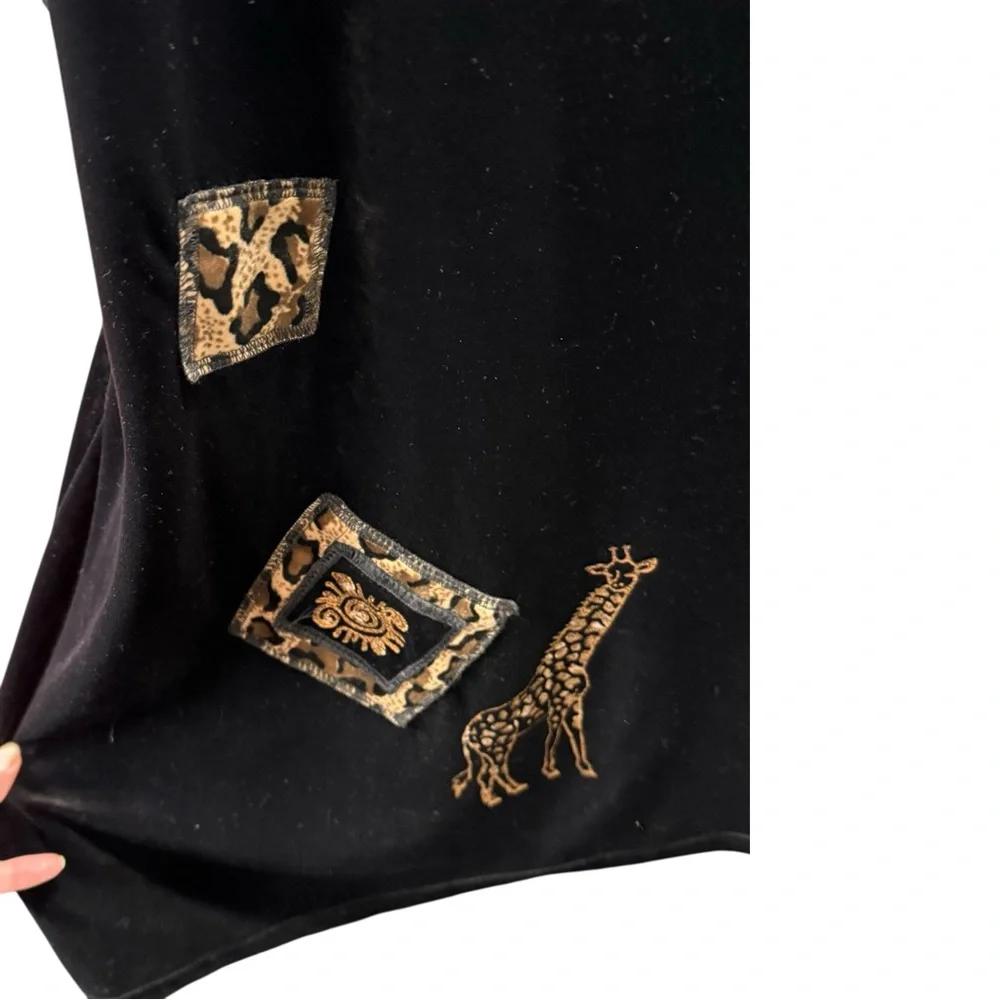 Vintage Black Velvet Medium Maxi Dress Animal Print Leopard Giraffe USA Made Y2K